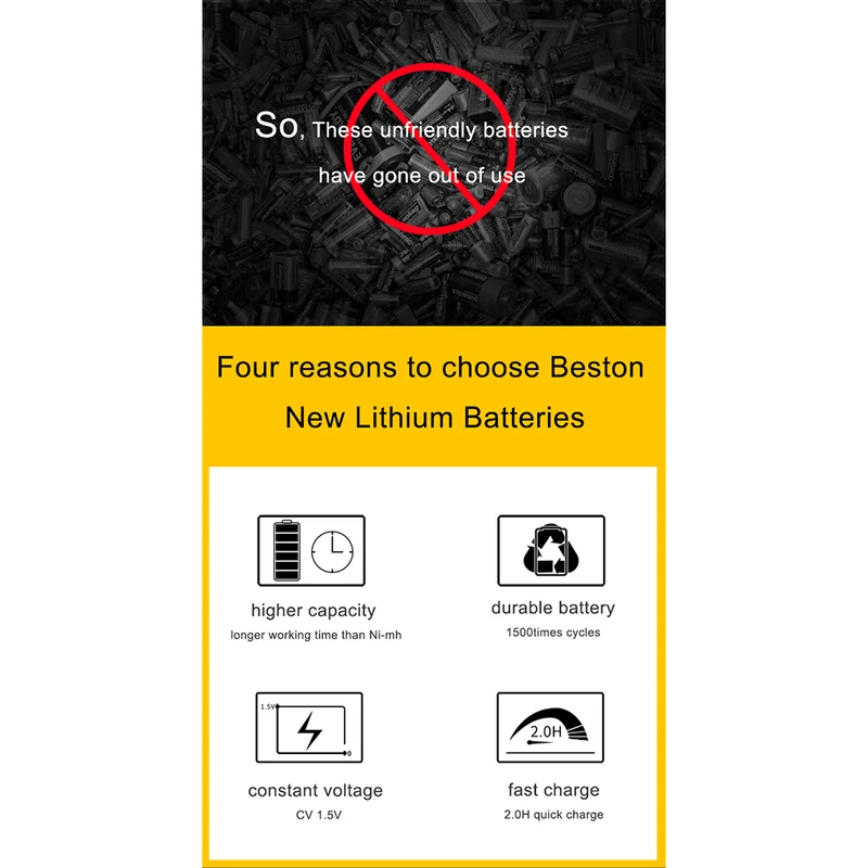 4 × 1,5 V 3500 mWh Langlebige USB-wiederaufladbare Doppel-A-Li-Ionen-Batterien Beston Lithium-Batteriezelle