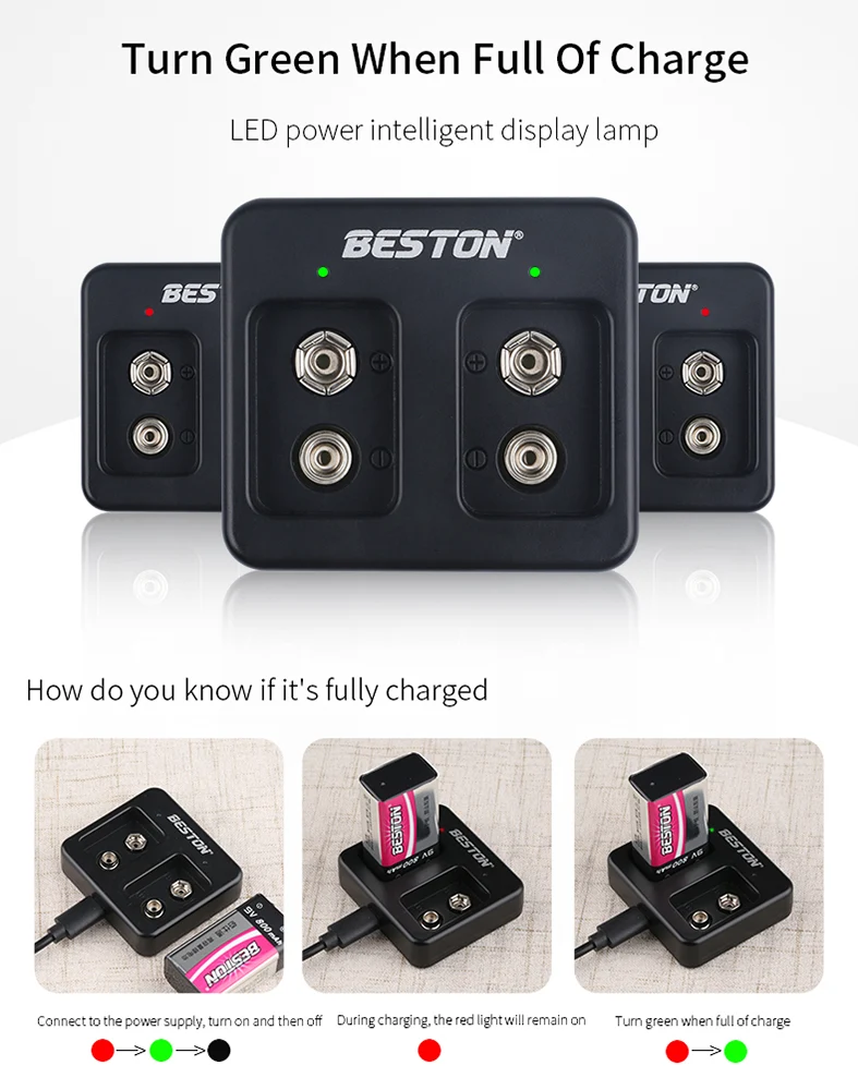 9V wiederauf lad bares LI-Ionen-Lithium-Ladegerät plus 9V 800mAh Batterie-Kits BESTON 2 Bay Smart