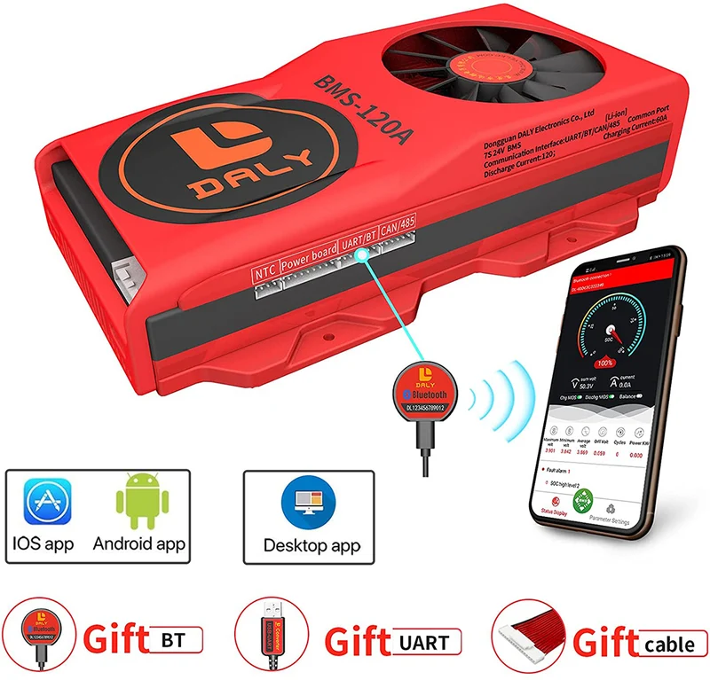 Daly smart bms Li-ion 7S 24V 120A bluetooth with Fan 50120209