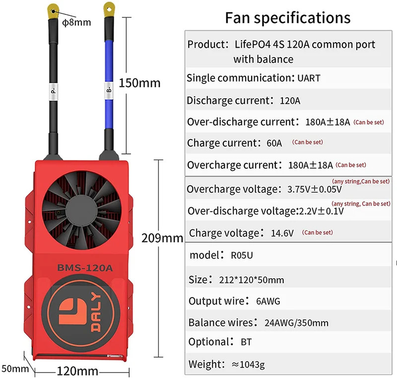 Daly smart bms Lifepo 4S 12V 120A FAN bluetooth BMS board 50120209