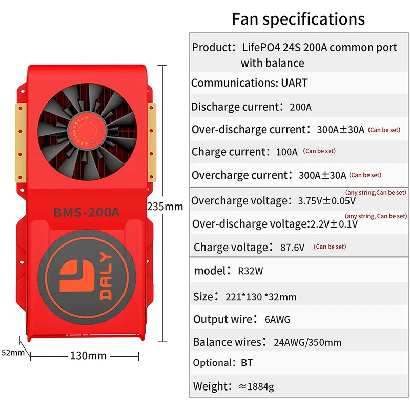 Daly smart bms Lifepo4 24S 72V 200A FAN bluetooth BMS board 52 130 235
