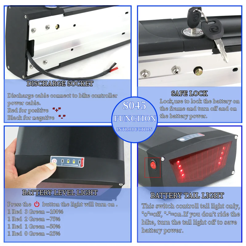 EU Lagerhaus 48V 17.5Ah Batterie S045 Schwarz - Mit schwarzem V-Brake Hanger Schwarz lithium-ionen Ebike mit BMS USB für Notfall backup Batterie Motor