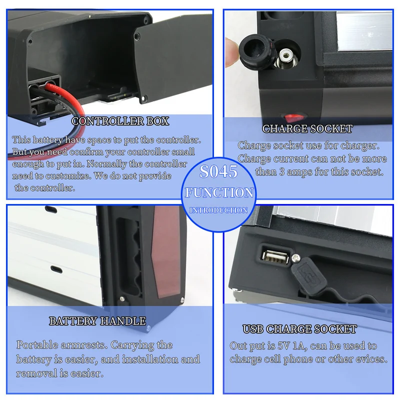 EU Lagerhaus 48V 20Ah Batterie S045 Schwarz lithium-ionen Ebike Batterie mit BMS USB für Motor Notfall backup Batterie Motor