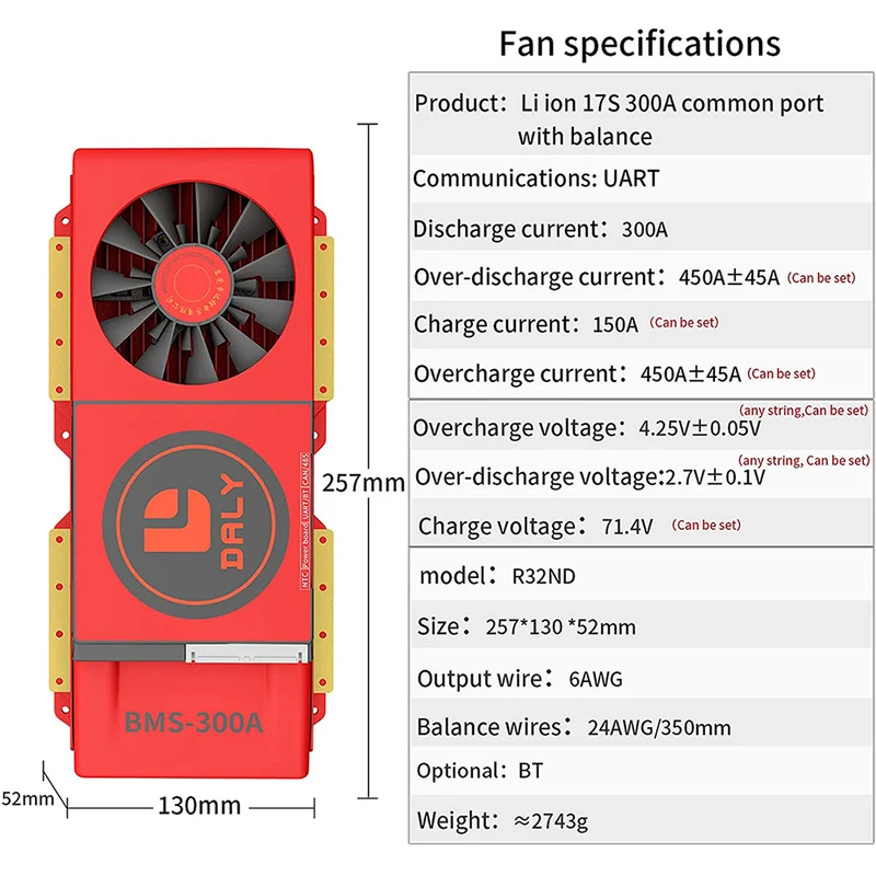 Daly smart bms Li-ion 17S 60V 400A with Fan bluetooth 52 130 257