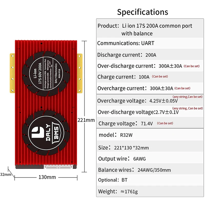 Daly smart bms Li-ion 17S 60V 200A bluetooth BMS 32130221