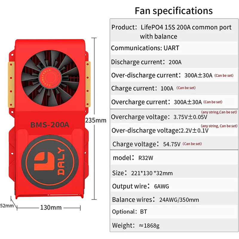 Daly smart bms Lifepo 15S 48V 200A FAN bluetooth BMS board 52 130 235