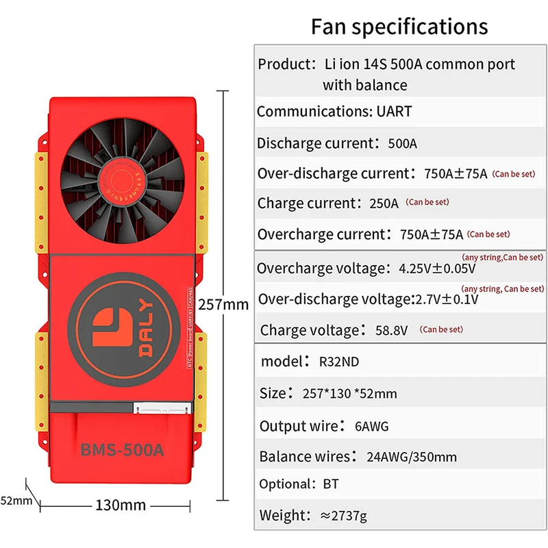 Daly smart bms Li-ion 14S 48V 500A with Fan bluetooth 52 130 257