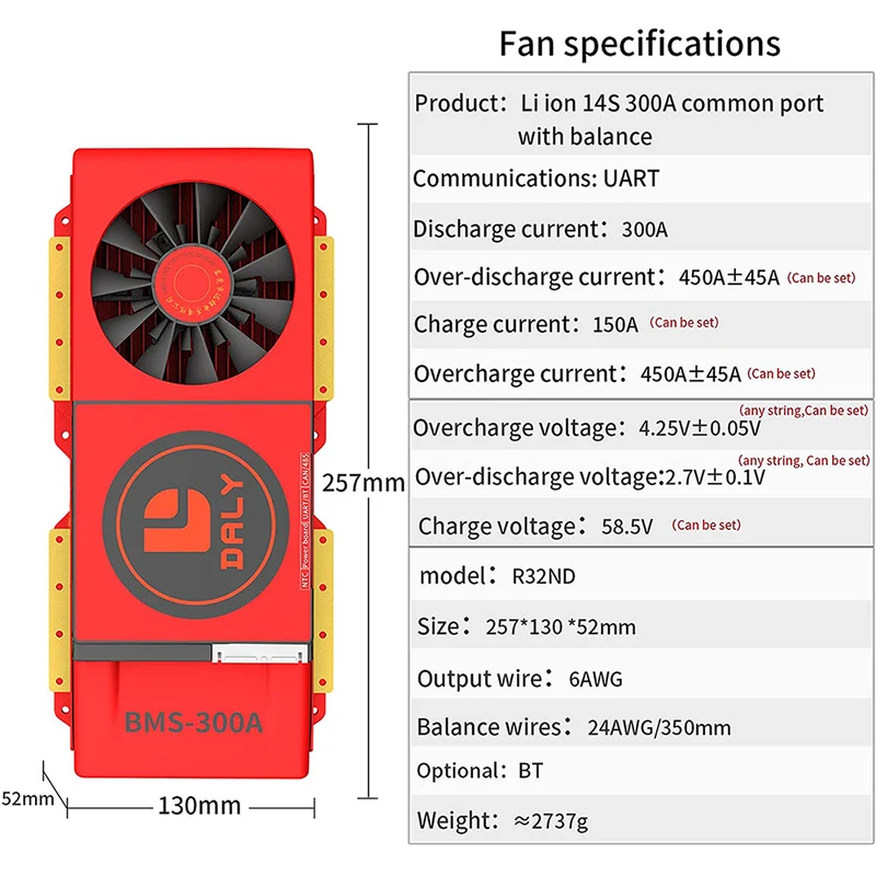 Daly smart bms Li-ion 14S 48V 300A with Fan bluetooth 52 130 257