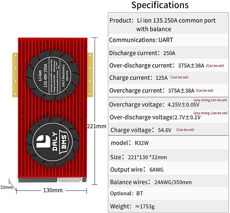 Daly smart bms Li-ion 13S 48V 250A bluetooth 32130221