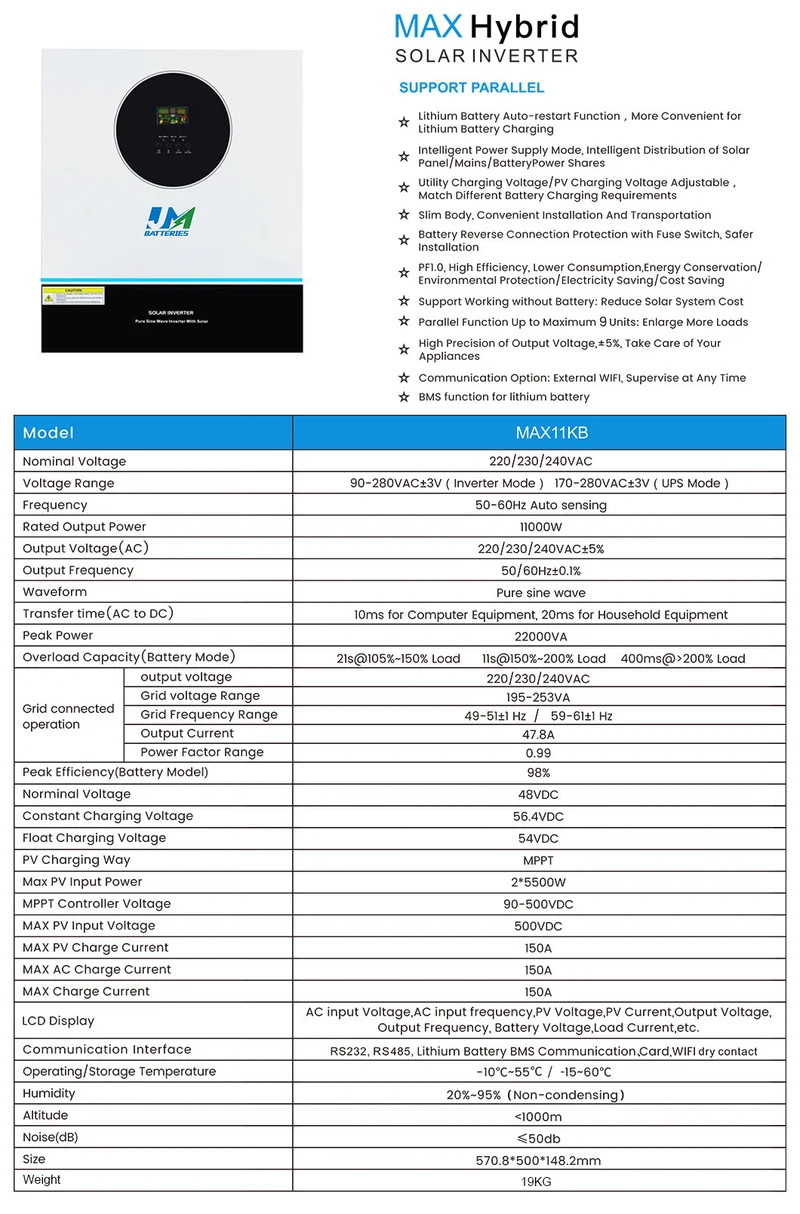 Jm Top Selling Personalized lithium battery solar and power inverter off Grid Pure Sine Wave 6.2kwh 220V 50Hz Hybrid Solar Inverter use for lithium ion battery