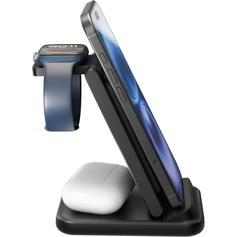 Goobay Kabelloses 3in1-Ladegerät für Smartphone, Smartwatch und Kopfhörer, Qi-kompatibel, einklappbar