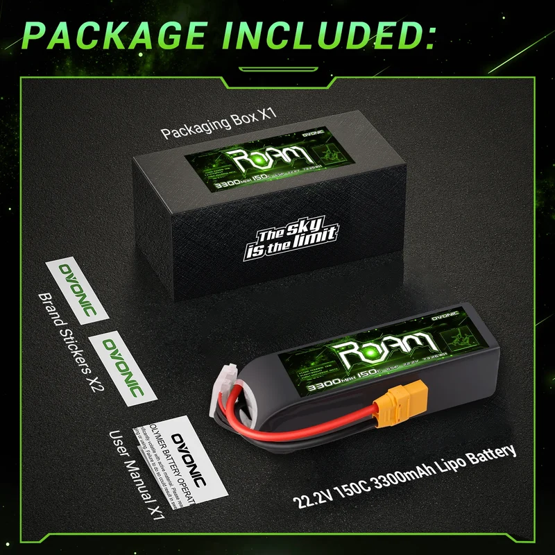 OVONIC Roam Serie 22,2V 3300mAh 150C 6S LiPo-Akku mit XT90-Anschluss ( 2 St. )