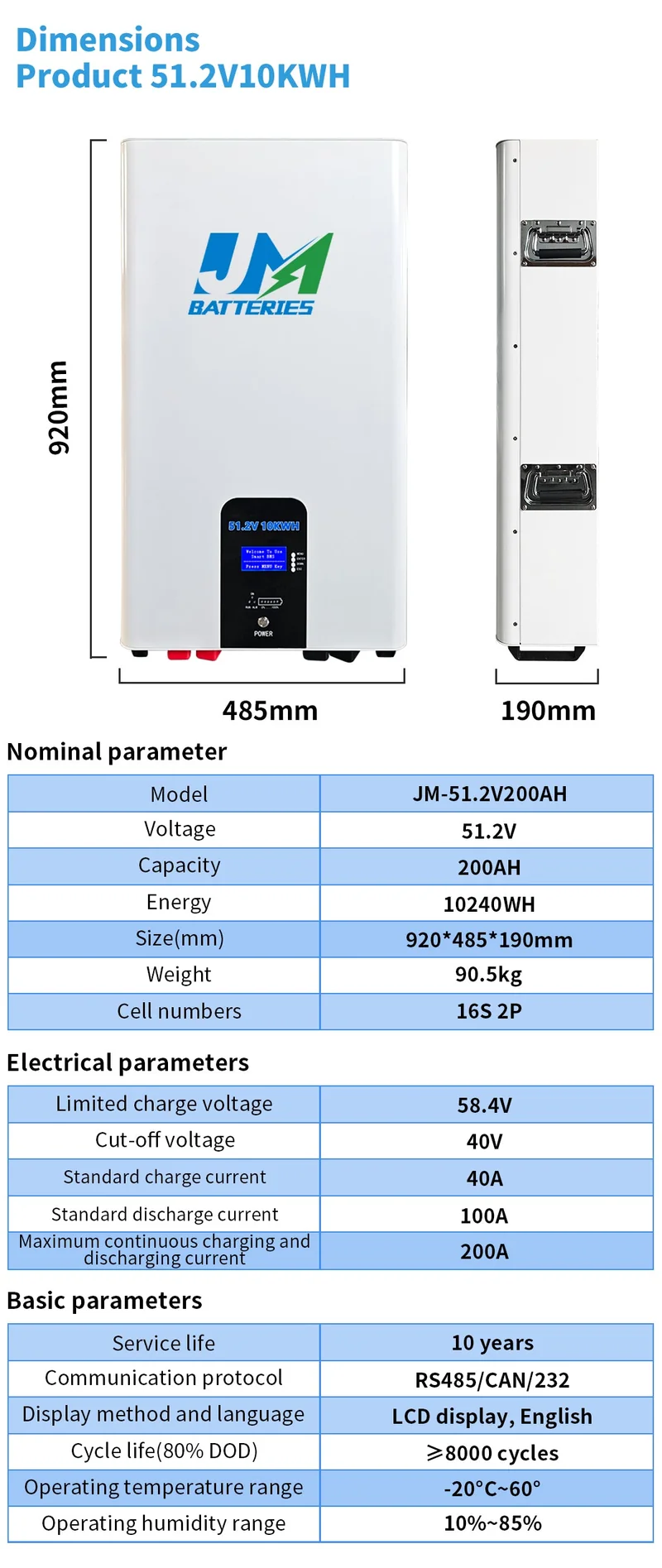 JM 10kwh 51.2V 200ah lifepo4 solar battery 51.2v 200ah lifepo4 wall mount battery