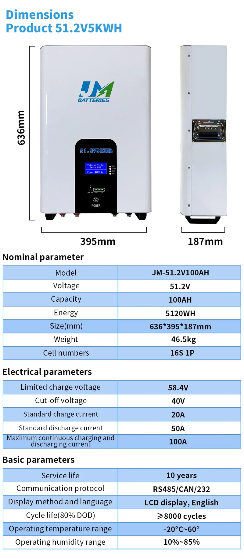Jm Exported Good Quality 6000 Cycles Wall Mounted LiFePO4 Home Powerwall Battery 48V 51.2V 100ah 5kwh Power Wall for Household Energy Storage Lithium Battery
