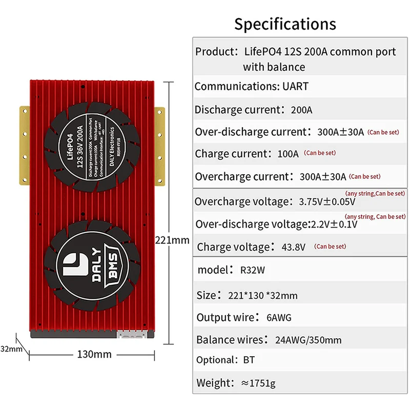Daly smart bms Lifepo 12S 36V 200A bluetooth BMS board 32130221
