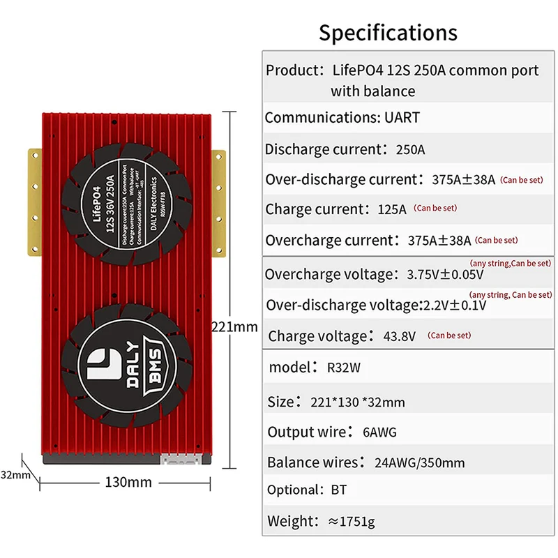 Daly smart bms Lifepo 12S 36V 250A bluetooth BMS board 32130221