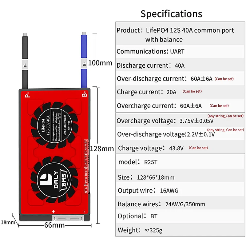 Daly smart bms Lifepo 12S 36V 40A bluetooth 18 66 128