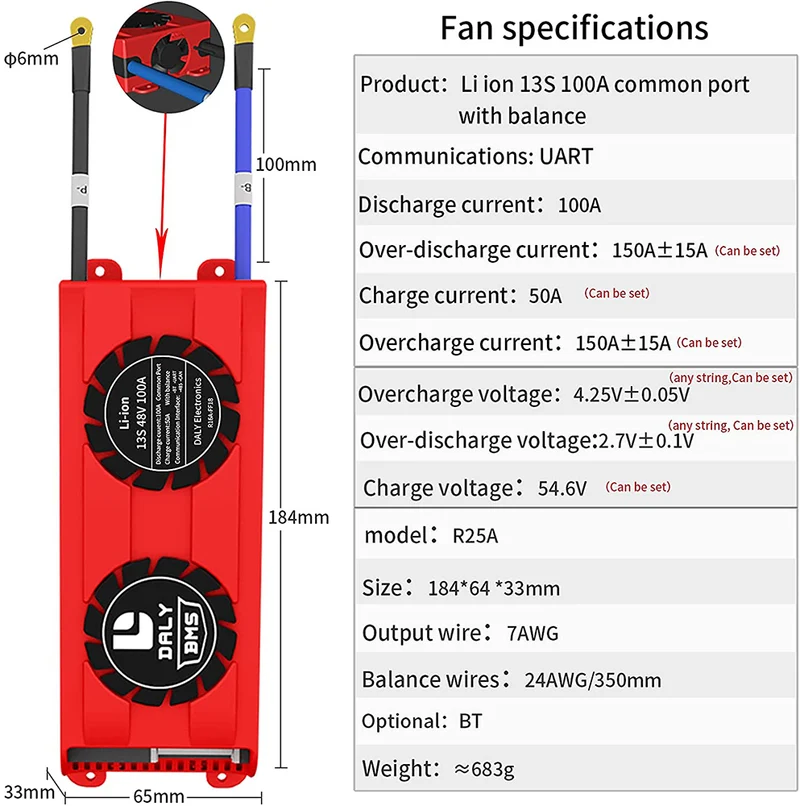 Daly smart bms Li-ion 13S 48V 100A with Fan bluetooth 33 65 184