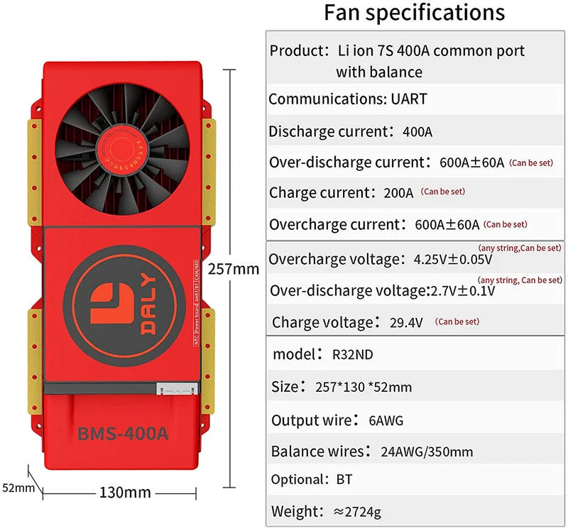 Daly smart bms Li-ion 7S 24V 400A with Fan bluetooth 52130257