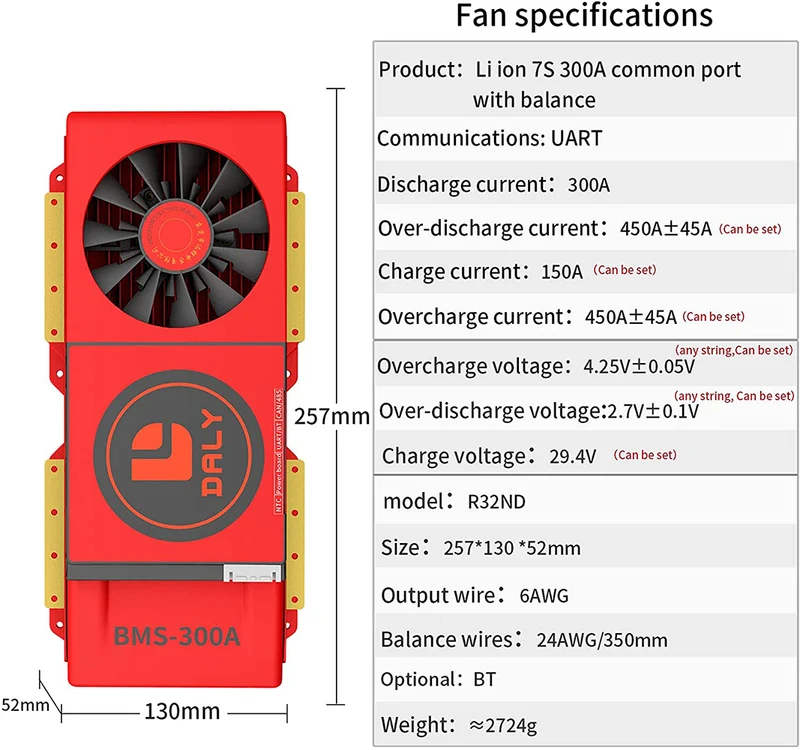Daly smart bms Li-ion 7S 24V 300A with Fan bluetooth 52130257