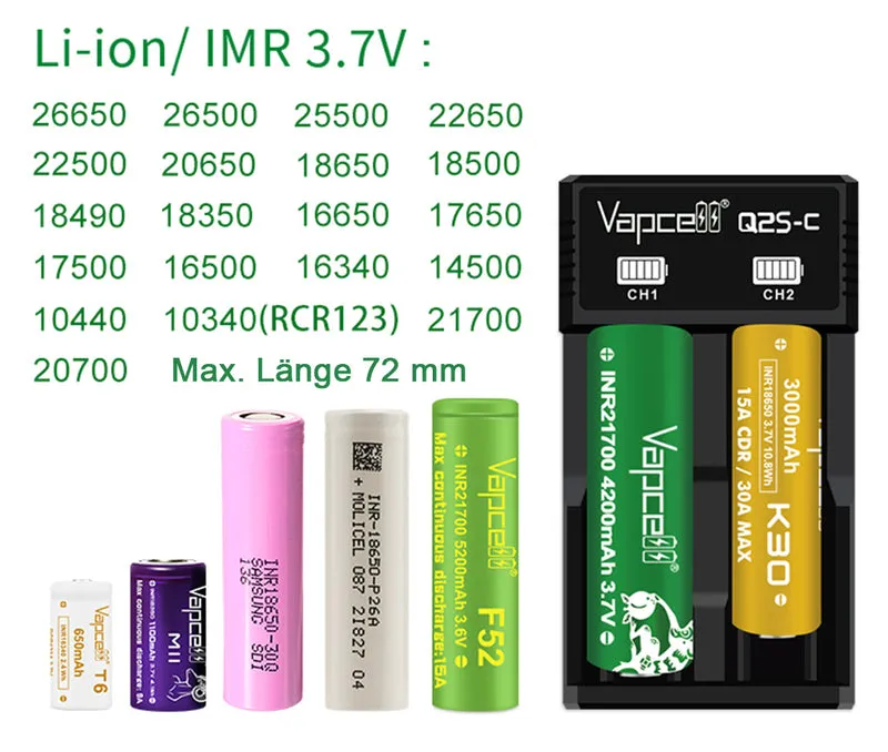 Vapcell Q2S-C USB-C Ladegerät – 2 unabhängige Schächte, 2×1A Ladestrom