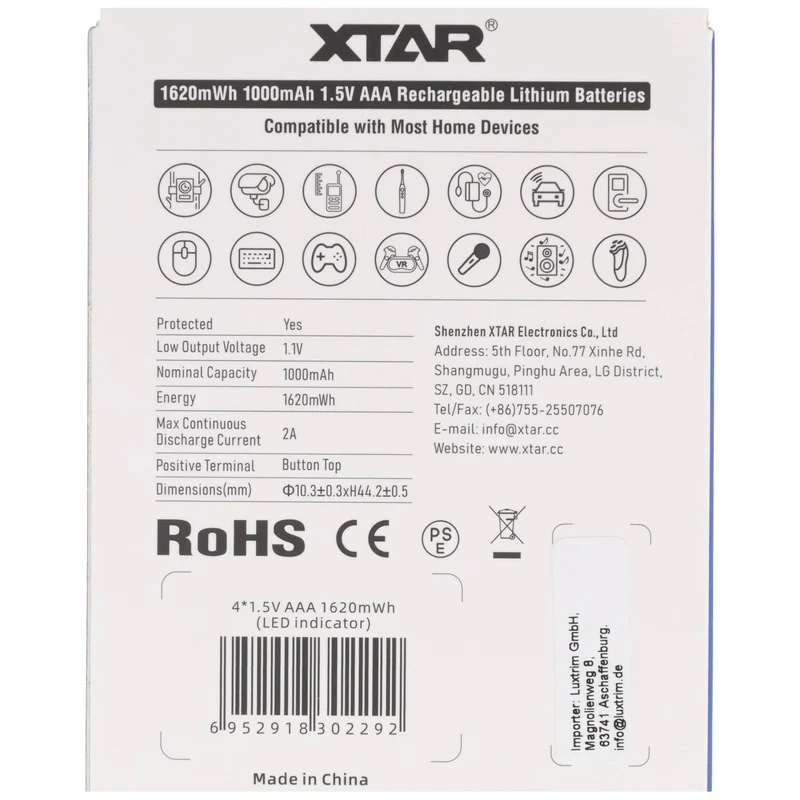 Xtar AAA 1,5V 1620mWh typisch 1000mAh Lithium-Ionen Akku, wiederaufladbar nur mit speziellem Ladegerät (4 Stuck)