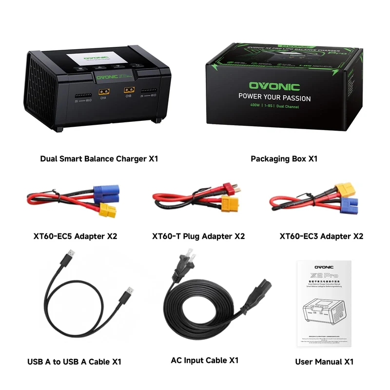 OVONIC X2 Pro Dual-Channel Smart LiPo Balance Ladegerät AC 400W DC x2 600W 20A mit 3,5-Zoll-IPS-Display und Bluetooth-App-Steuerung für 1-8S LiPo LiHV Li-Ion NiMH Akkus