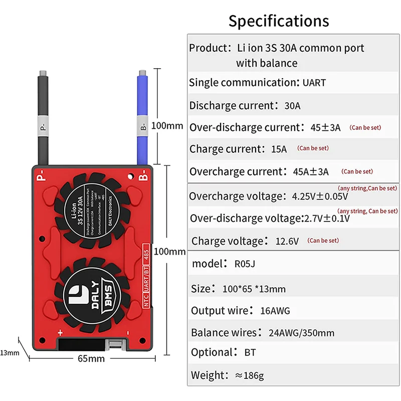Daly BMS Li-Ion 3S 12V 30A BMS Li-Ion separate Lithiumbatterie BMS