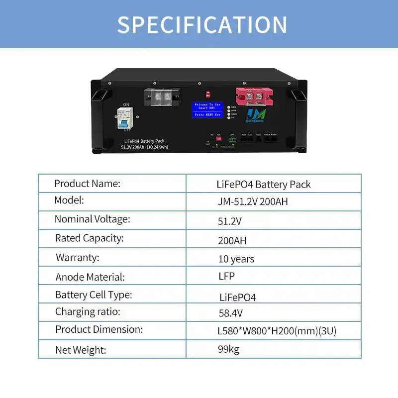 51.2V 200AH Storage-Battery LiFePO4 Lithium Battery for Solar Energy