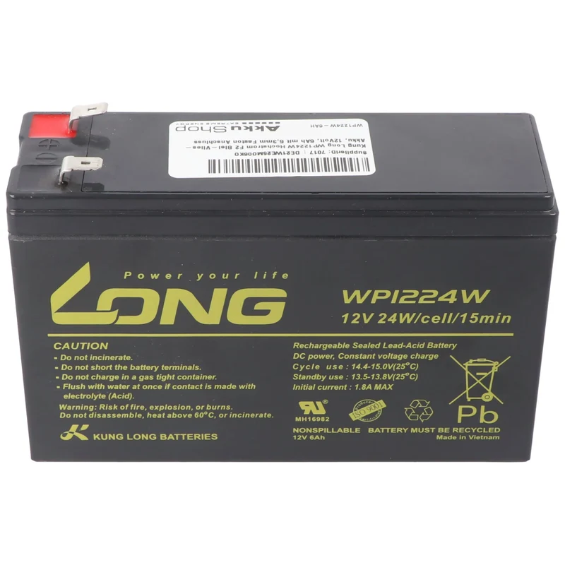 Kung Long WP1224W Hochstrom F2 Blei-Vlies-Akku, 12Volt, 6Ah mit 6,3mm Faston Anschluss