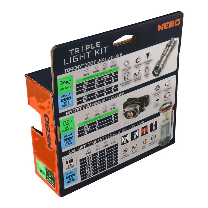 NEBO TRIPLE LIGHT KIT 8 (MYCRO 250 Stirnlampe, GALILEO 350 Laterne, 600 FLEX Taschenlampe, 3x AA (Mignon), 350 Lumen, Reichweite 17 Meter