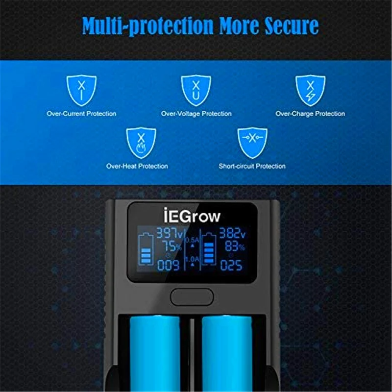 iEGrow 18650 Akkuladegerät, LCD Akkuladegerät mit USB Anschluss, 3,7 V Lithium Ionen Akkus, 2 Steckplätze