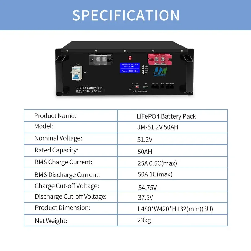 Rack Lithium Ion LiFePO4 Battery 51.2V 50Ah
