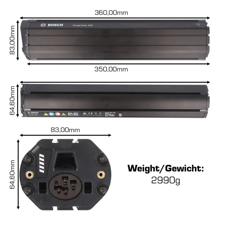 Bosch 500Wh Bosch e-bike Akkutyp PowerTube 500 horizontal Akku Bosch 275007539 BBP280, 36cm Lang