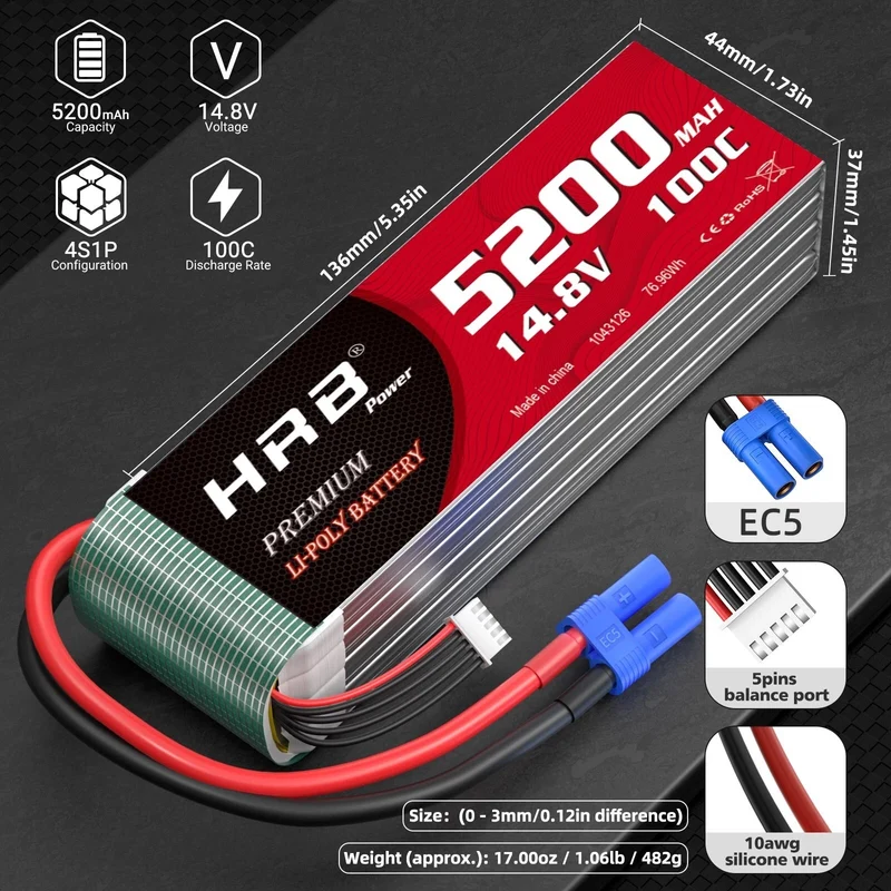 HRB 14,8V 4S 5200mAh LiPo-Akku 100C mit EC5-Stecker (2 St.)