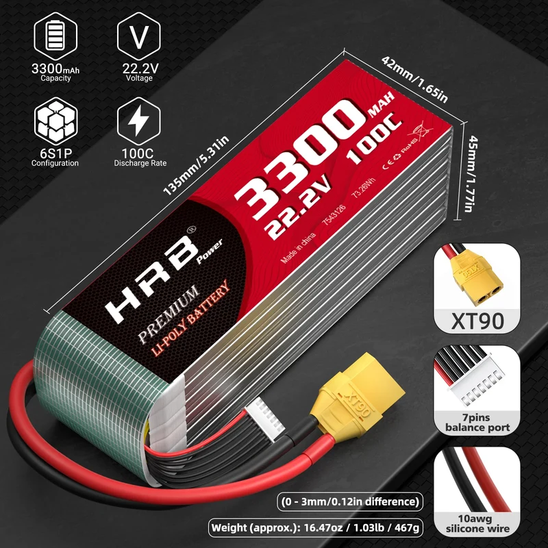 HRB 6S 3300mAh 22,2V 100C LiPo-Akku mit XT90-Stecker (2 St.)