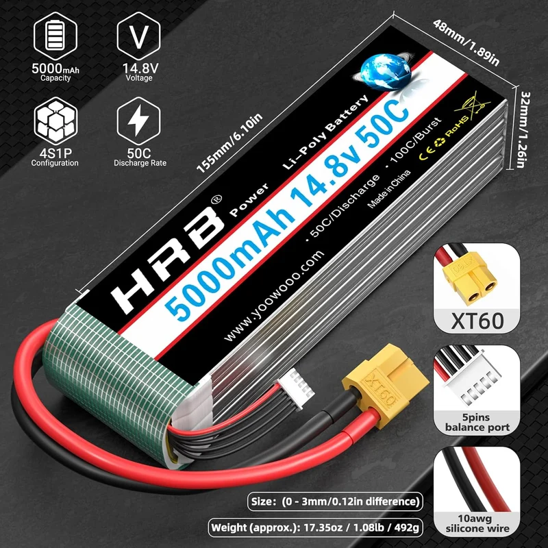 HRB 14,8V 5000mAh 50C LiPo- Akku mit XT60-Stecker (2 St.)