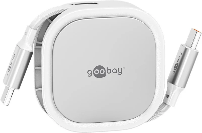 Goobay Selbstaufrollendes USB-C-Kabel in robuster Gehäusebox, 15 W, ultrakompakt und leicht, Kabellänge 1 Meter, schwarz