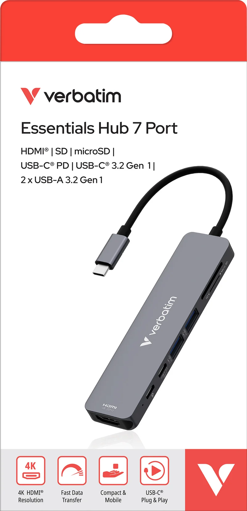 Verbatim Hub, USB-C Essentials, 7 Port mit Card Reader HDMI, 2x USB-A, 2x USB-C PD, Retail-Blister