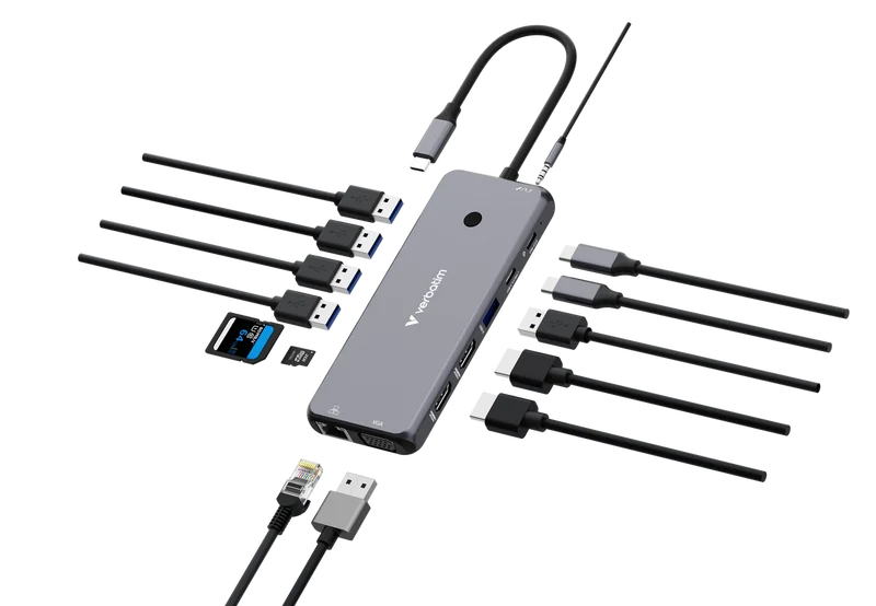 Verbatim Hub, Multiport, CMH-14, 2x USB 2.0-A, 4x USB 3.2-A, 2x USB 3.2-C VGA, 2x HDMI 4K, RJ45, Audio, SD, microSD, USB 3.1-C Kabel, Retail