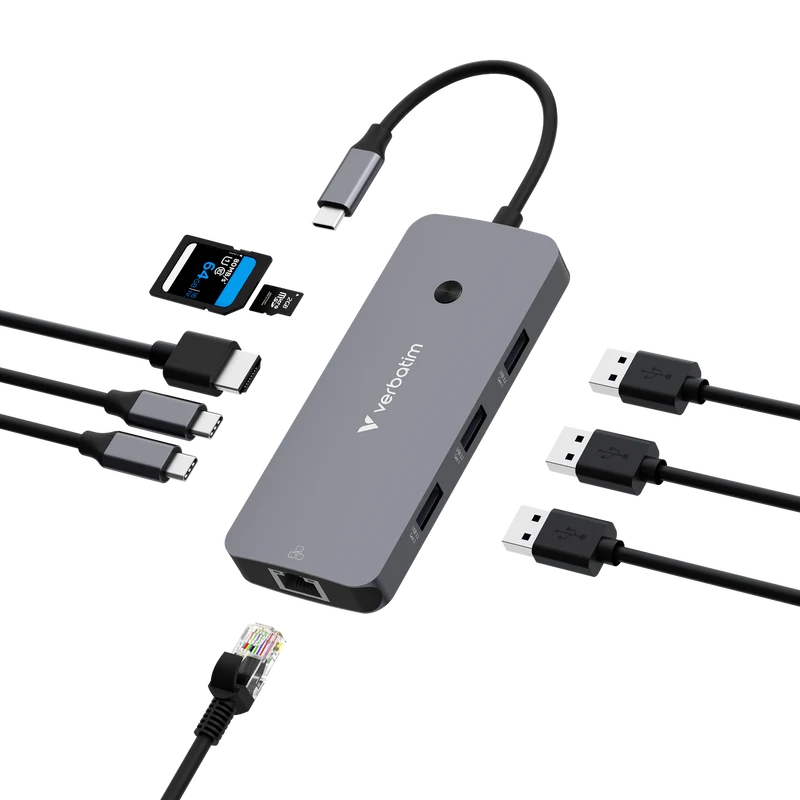 Verbatim Hub, Multiport, CMH-09, 3x USB 3.2-A, 2x USB 3.2-C HDMI 4K, RJ45, SD, microSD, USB 3.1-C Kabel, Retail