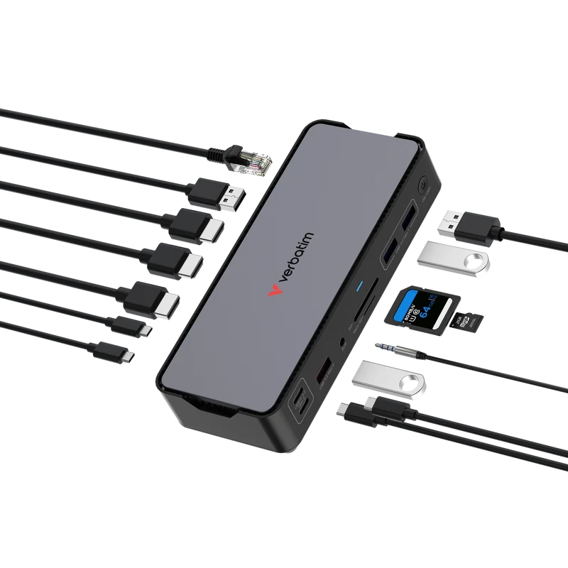 Verbatim Docking Station, USB-C Pro, CDS-15, 15-Port 4x USB 2.0/3.2-A, 2x USB 3.2-C, 2x HDMI 8K, DP, RJ45, Audio, SD, microSD, Retail