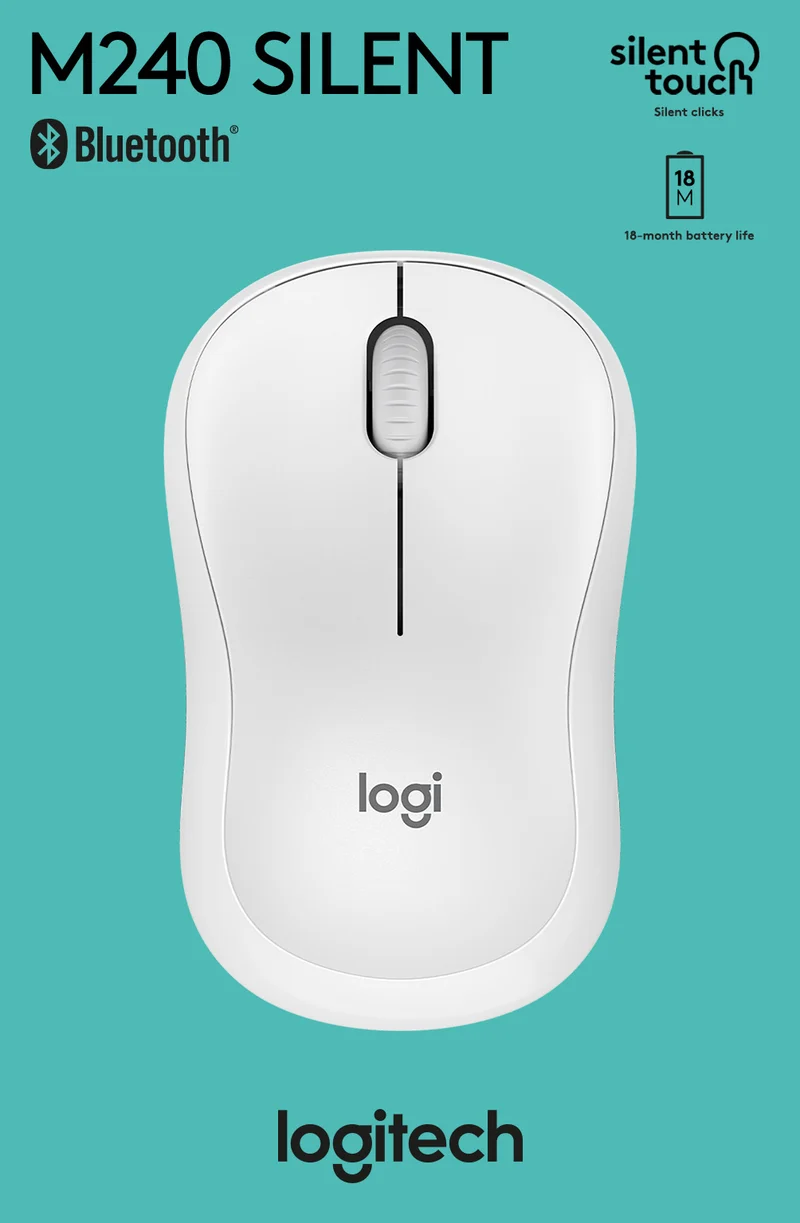 Logitech Maus M240, Silent, Wireless, Bluetooth, weiss Optisch, 4000 dpi, 3 Tasten, Retail