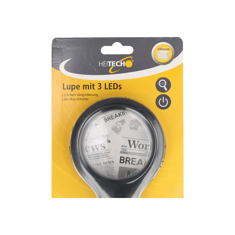 Heitech LED-Lupe mit 3 LEDs, 2,5-fach Vergrößerung, inklusive 2x Micro AAA Batterien