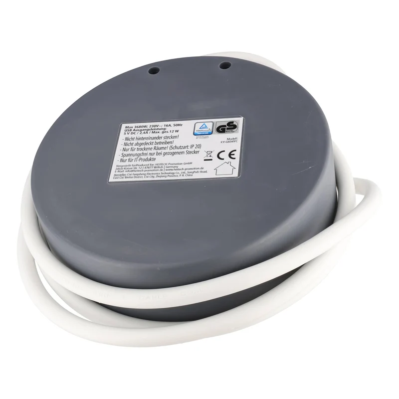 Heitech Tischsteckdose 4-fach mit USB-A und USB-C Ladeanschluss, runde Form, Kabellänge 1,4 Meter