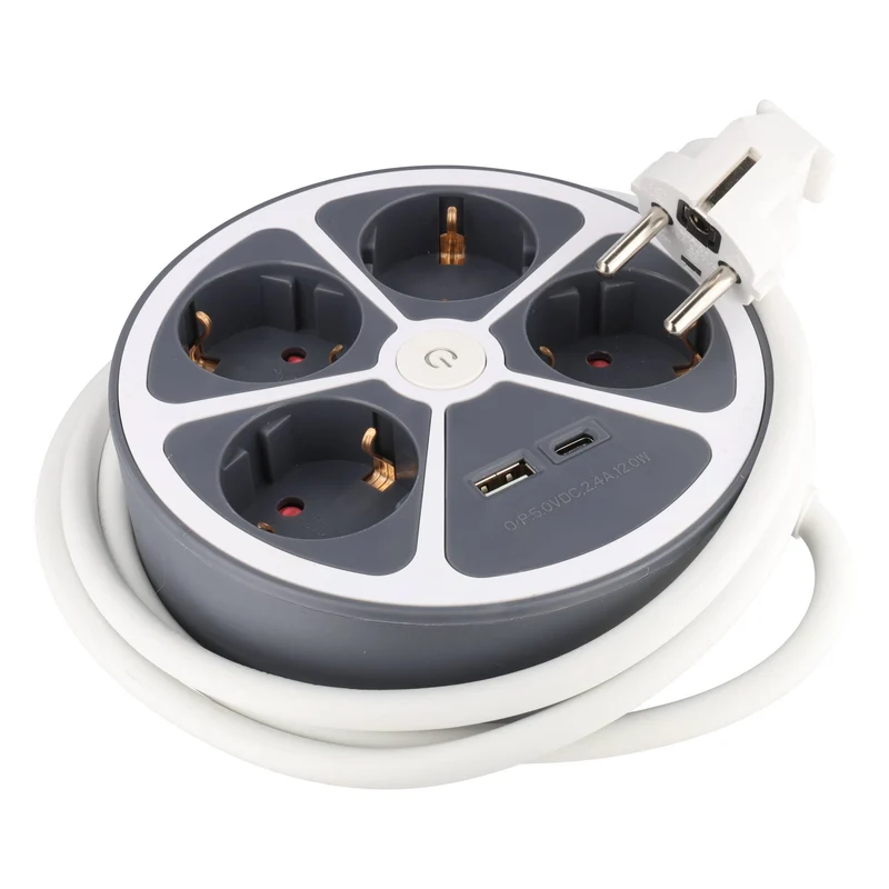 Heitech Tischsteckdose 4-fach mit USB-A und USB-C Ladeanschluss, runde Form, Kabellänge 1,4 Meter