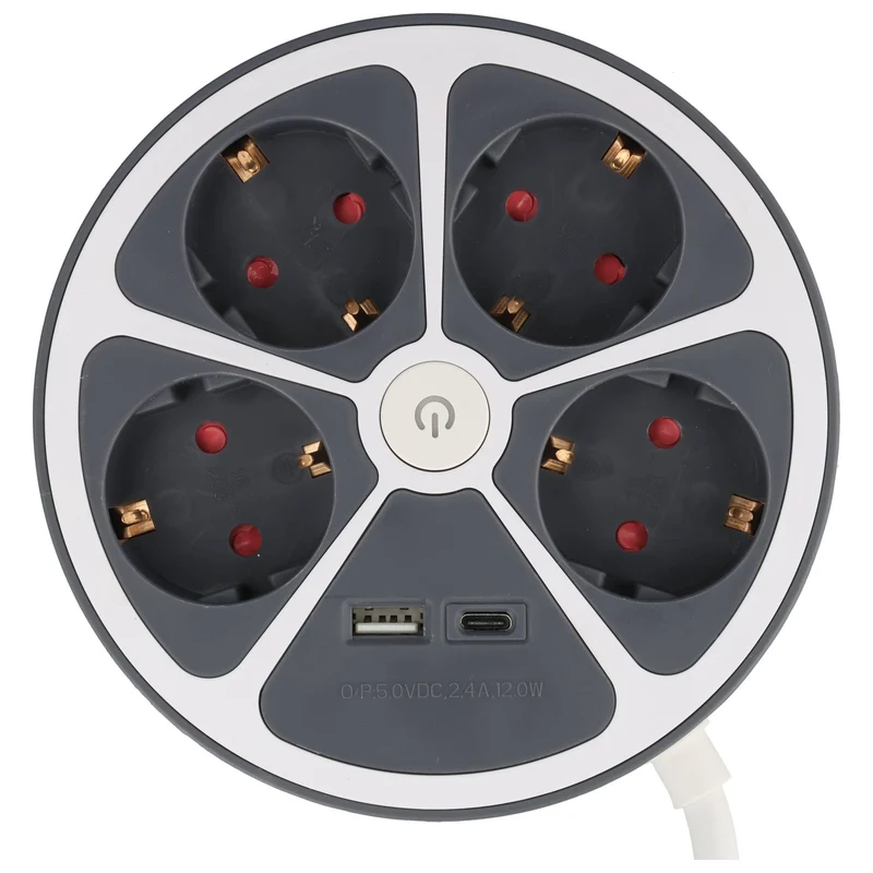 Heitech Tischsteckdose 4-fach mit USB-A und USB-C Ladeanschluss, runde Form, Kabellänge 1,4 Meter