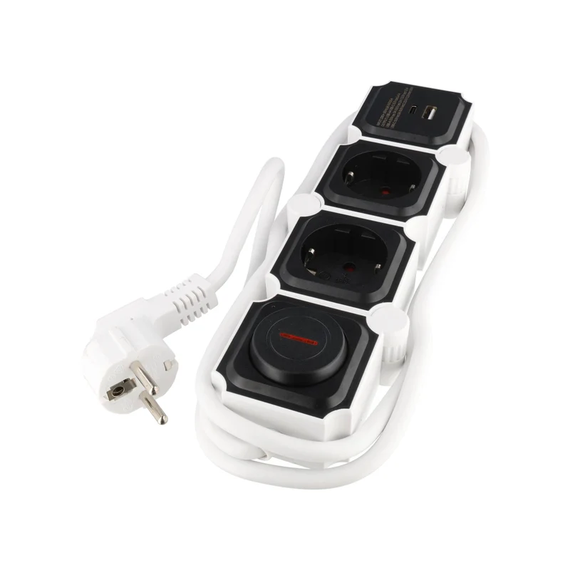 Heitech Tischsteckdose 2-fach mit USB-A und USB-C Ladeanschluss, bewegliche Steckdosenleiste