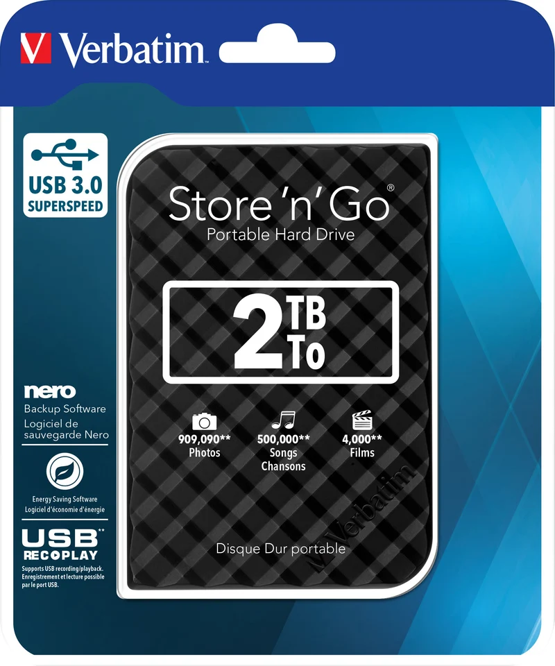 Verbatim Festplatte 2TB, USB 3.0, 6.35cm (2.5''), schwarz Store´n´Go, Gen 2, Software Nero Backup, Retail