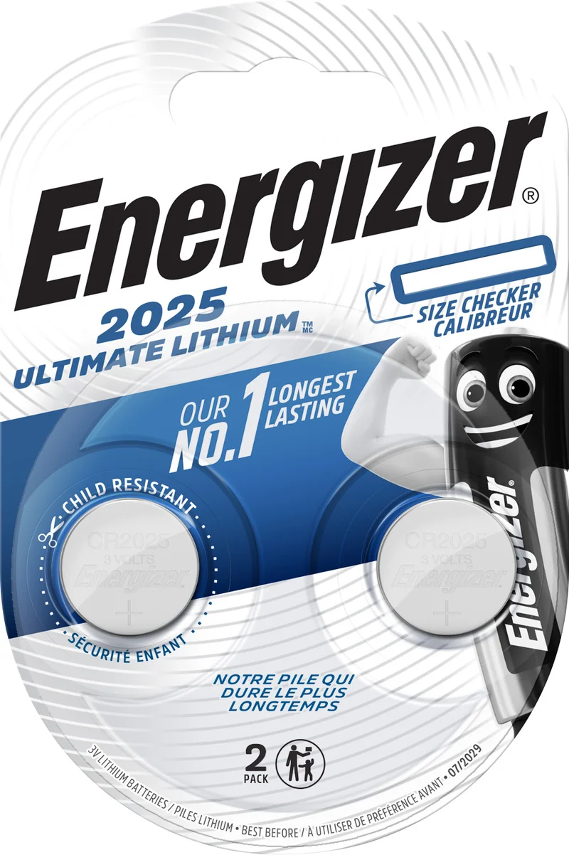 Energizer Batterie Lithium, Knopfzelle, CR2025, 3V Ultimate Lithium, Retail Blister (2-Pack)